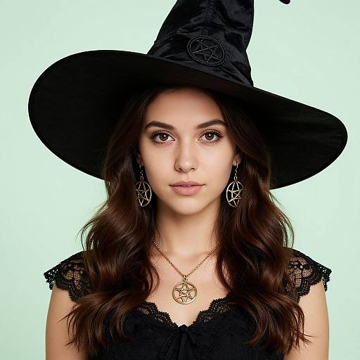 Photograph of a young woman with long brown hair, wearing a black lace dress and witch hat, adorned with pentagram earrings and necklace, against a