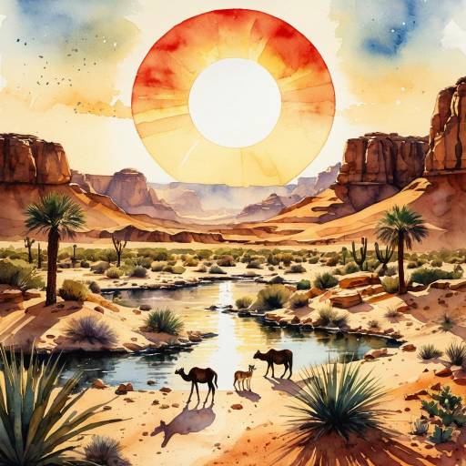 Watercolor Desert Oasis with Animals and Sun