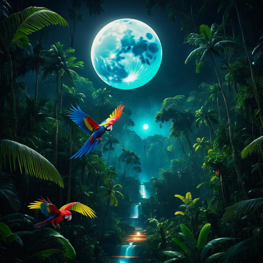 Vibrant Parrot in Moonlit Jungle Scene