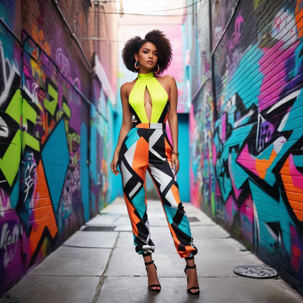 Neon Jumpsuit in a Graffiti Alley