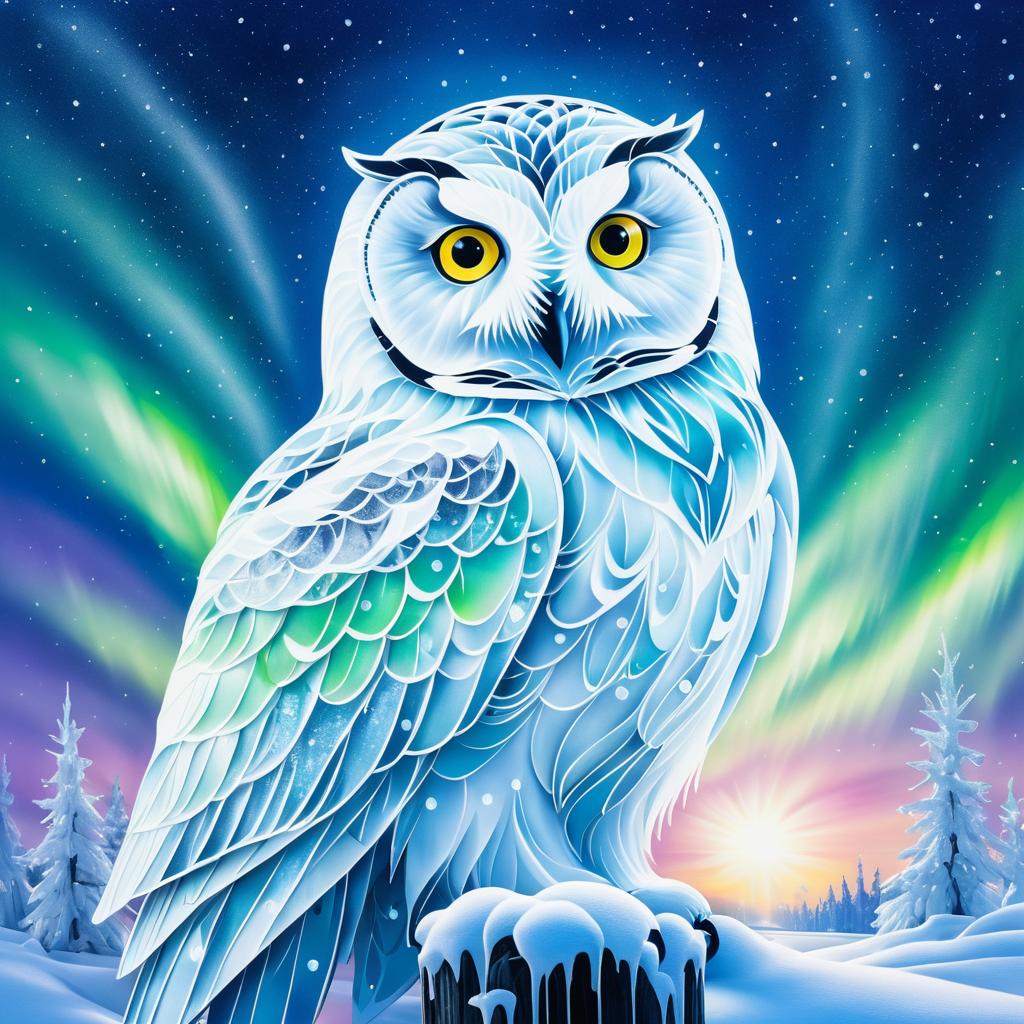 Snow Owl Ice Painting with Aurora Sky