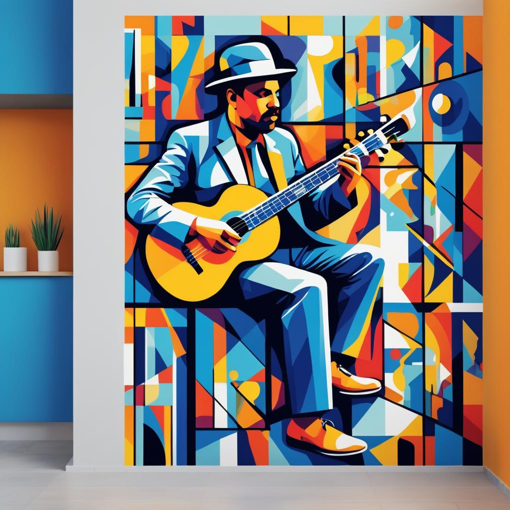 Cubist Street Musician in Cool Colors