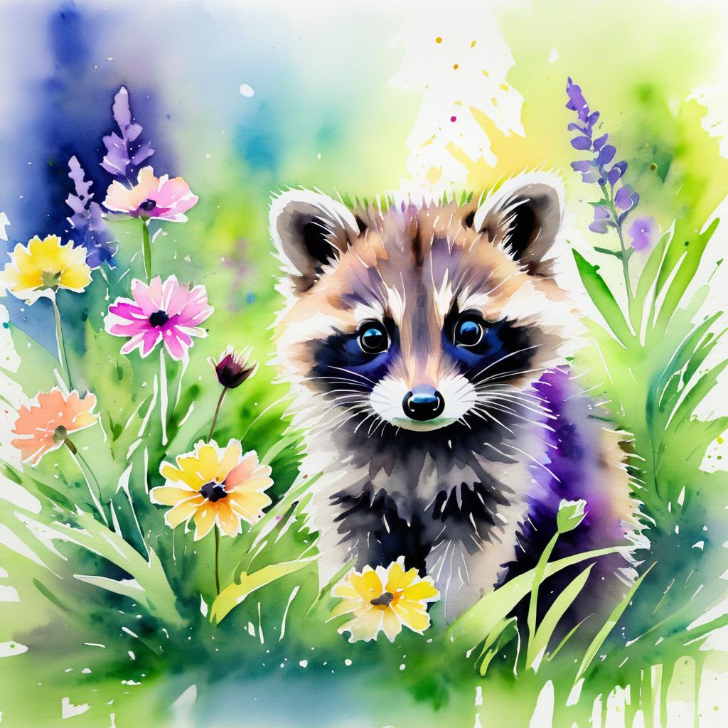 Whimsical Watercolor of Baby Raccoon Kit