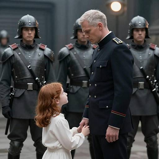 Dramatic Film Scene with Soldiers and Child