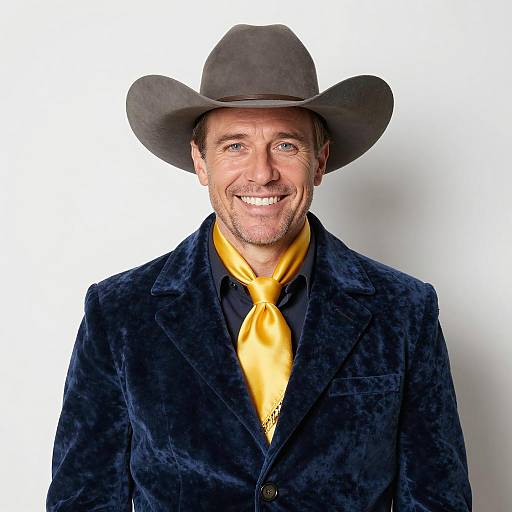 Smiling Man in Cowboy Hat and Velvet Coat