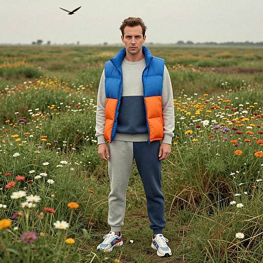 Photograph of a serious-looking man in a blue and orange puffy vest, white shirt, gray pants, and white sneakers, standing in a colorful