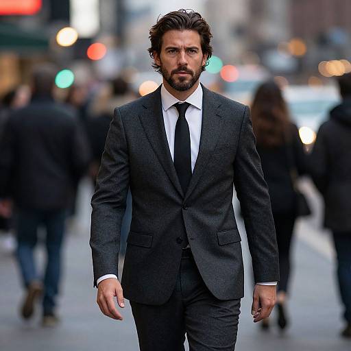 Photograph of a handsome, bearded man with wavy brown hair in a dark gray suit, white shirt, and black tie, walking confidently on