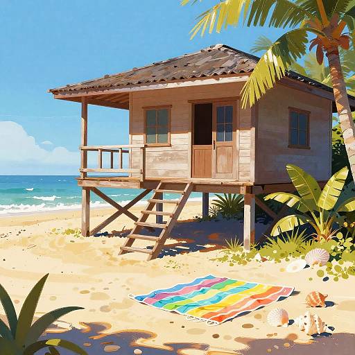 Colorful digital painting of a wooden beach hut on stilts, surrounded by palm trees, a striped towel on the sand, and a bright blue ocean