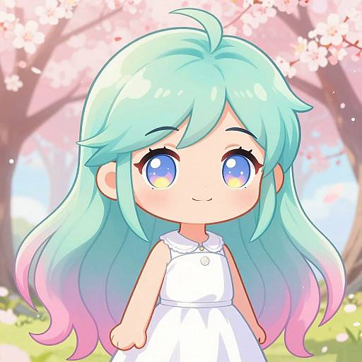 Chibi-style digital drawing of a cute girl with pastel blue-green gradient hair, pink tips, large blue-yellow eyes, wearing a white sleeveless