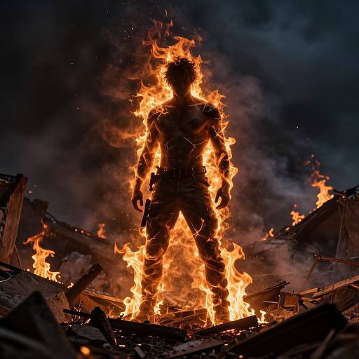 Photograph of a silhouetted figure engulfed in bright orange flames, standing amidst burning debris against a dark, smoky night sky.