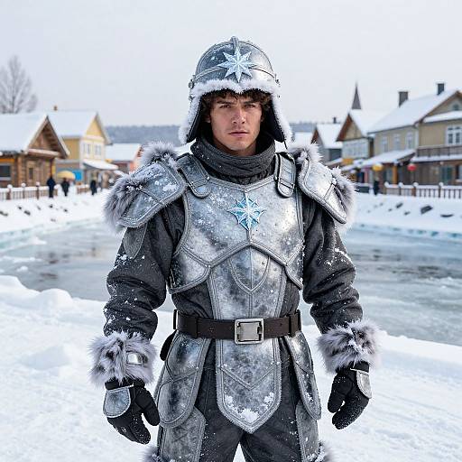 Photograph of a young man in silver, snow-covered medieval armor with fur trim, standing in a snowy village street, snowflakes on his helmet