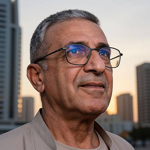 Photograph of an older man with short gray hair, glasses, and a light gray shirt, set against a cityscape at sunset.