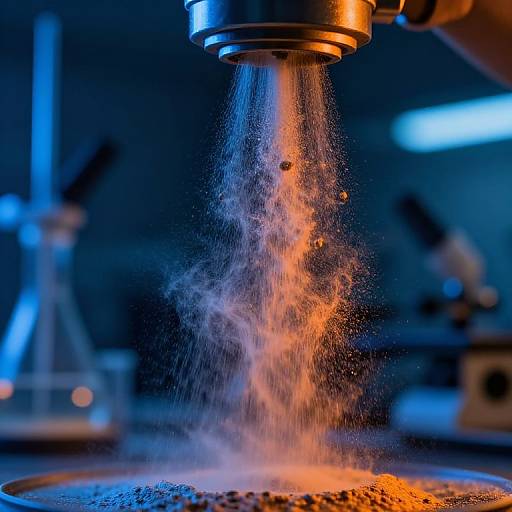 Photograph of a metal drill pouring a bright orange stream of sparks onto a blue-lit workbench, creating a dynamic contrast.