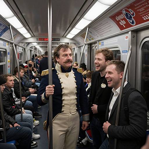 Photograph of four men laughing on a crowded subway, with one in a formal, navy and gold military-style uniform.