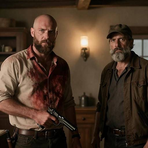 Blood-Stained Duo in Rustic Room