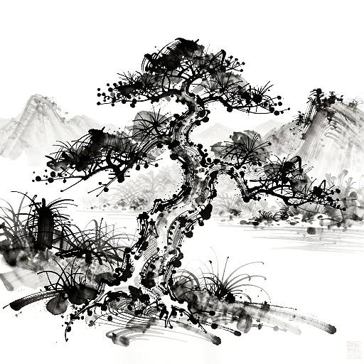 Abstract Ink Wash Bonsai Landscape
