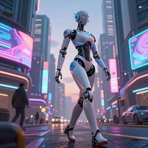 Photorealistic CGI of a sleek, white, blue-accented humanoid robot walking through a vibrant, neon-lit urban street at dusk.