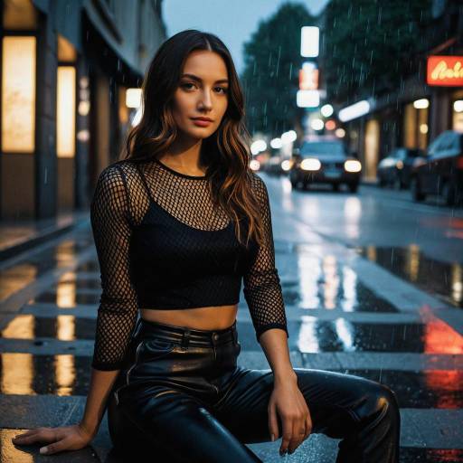 Young Woman Sitting on Wet Street at Night