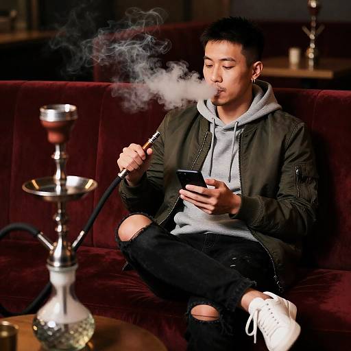 Relaxed Man Smoking Shisha Indoors
