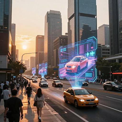 Photograph of a busy urban street at sunset with holographic car displays above yellow taxi, pedestrians, and tall skyscrapers.