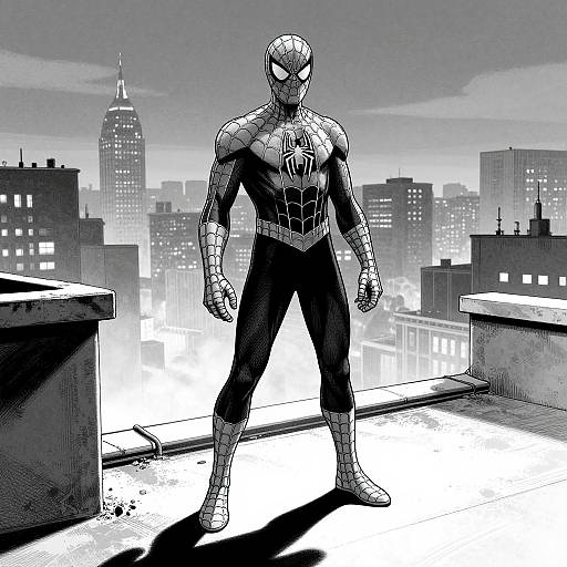 Black-and-white digital comic-style drawing of Spider-Man standing on a rooftop, facing forward, with a city skyline in the background.