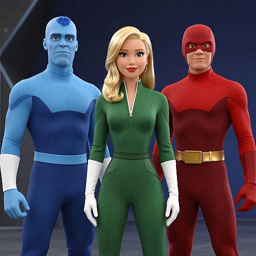 CGI image of a blonde woman in green superhero suit with white gloves, flanked by blue and red male superheroes.