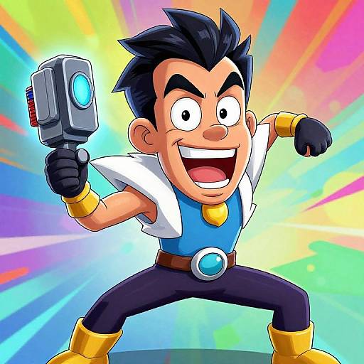 Cartoon-style drawing of a muscular, dark-haired boy with a large grin, holding a glowing hammer, wearing a blue and white outfit, black gloves