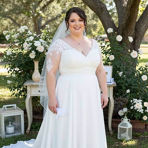 Photograph of a smiling, plus-size, white woman in a white lace wedding dress with short sleeves and veil, standing outdoors in a sunlit garden