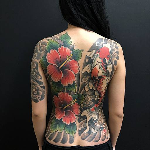 Photograph of a woman's back showcasing vibrant, detailed tattoos of red hibiscus flowers, a koi fish, and swirling patterns against a