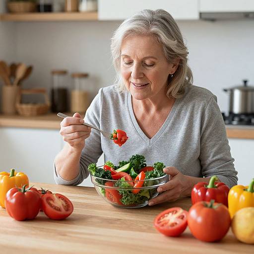 Photograph of an elderly woman with gray hair, wearing a gray sweater, eating a cherry tomato from a salad bowl in a bright kitchen with fresh vegetables