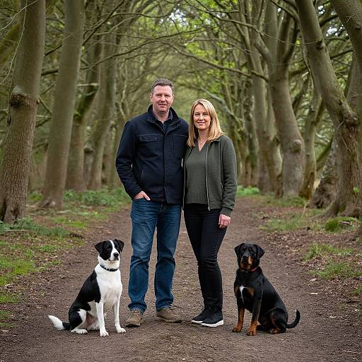 Photograph of a smiling couple standing on a forest path with two dogs; man in black jacket, woman in green hoodie.