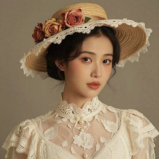 Photograph of an Asian woman with fair skin, dark hair, wearing a lace white blouse and straw hat adorned with pink roses.