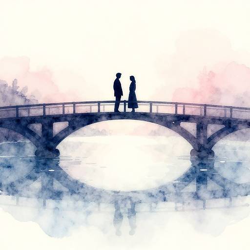 Watercolor-style digital drawing of two silhouetted figures standing on a bridge, backlit by a bright, glowing sky. Reflections in water