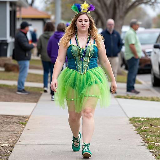 Photograph of a young Caucasian woman in a green Mardi Gras costume, including a beaded top, green tutu, and colorful headpiece