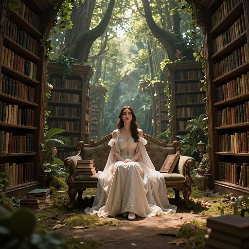 Photorealistic image of a brunette woman in a white, lace dress sitting on a vintage couch in a sunlit, enchanted library with towering trees and