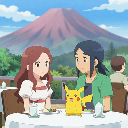 Anime Couple Dining with Pikachu in Front of Volcano