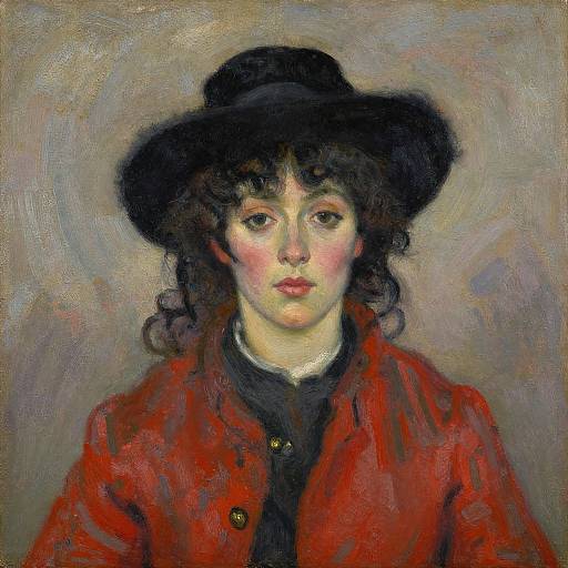 Impressionist portrait of a young woman with pale skin, black curly hair, red hat, and red coat, against a textured gray background. Oil