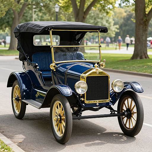 Photograph of a vintage, dark blue, brass-accented, open-top automobile with gold wheels parked on a sunny park road.