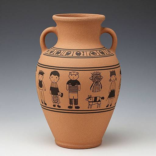 Ancient-style terracotta pottery with black geometric and human figure designs, featuring two handles and a narrow neck, against a gradient blue-to-white background