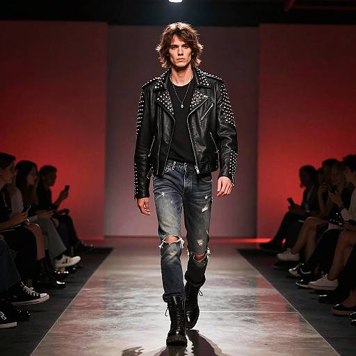 Rockstar walking couture runway in studded leather jacket