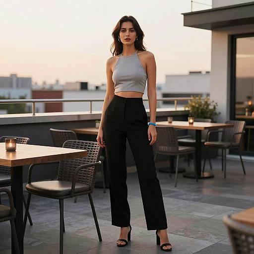 Photograph of a slim, dark-haired woman in a gray crop top and black high-waisted pants standing on a rooftop terrace at sunset, with