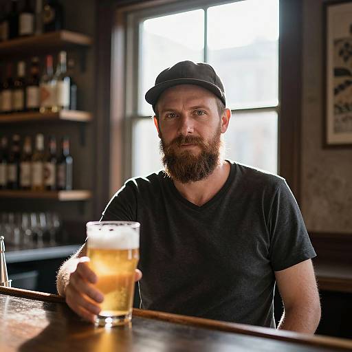 Photograph of bearded man in black cap and t-shirt, holding a glass of beer, sitting at a dimly lit bar with shelves of liquor