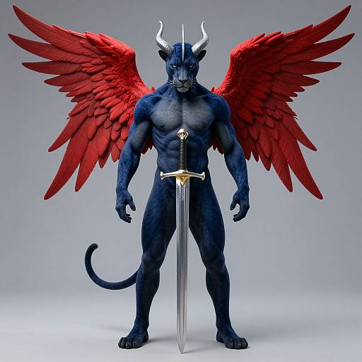 Digital CGI of a muscular, blue-scaled, horned demon with large red wings, standing nude, holding a silver sword, against a gray background
