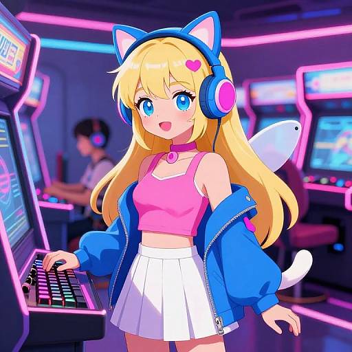 Anime-style digital illustration of a blonde girl with blue cat ears, pink heart hairpin, blue headphones, pink tank top, white skirt, blue jacket