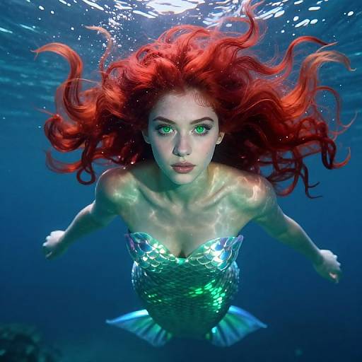 Photograph of a beautiful, red-haired mermaid with green eyes, wearing a shimmering green fish-scale tail, swimming underwater with flowing hair.