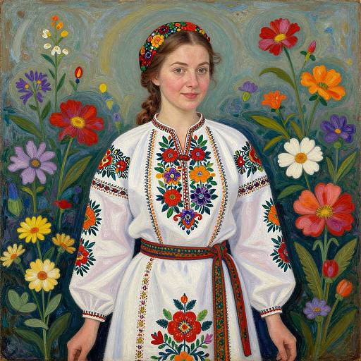 Photorealistic painting of a young woman with fair skin, brown hair in a braid, wearing a floral headband and white embroidered dress, standing