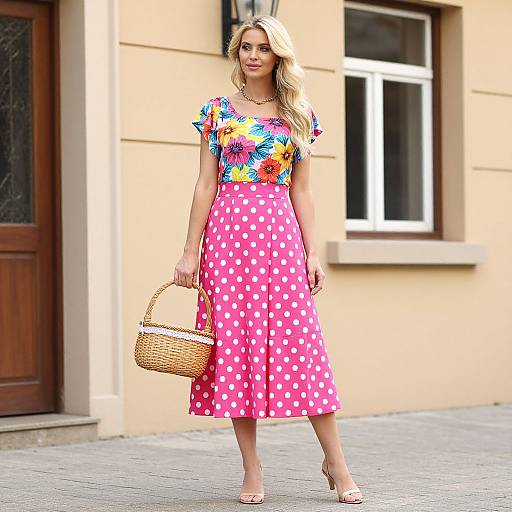Blonde Woman in Floral and Polka-Dot Outfit