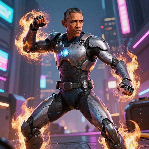 Photorealistic CGI of a muscular man in a silver Iron Man suit with glowing blue chest emblem, surrounded by fiery flames, standing in a neon-l