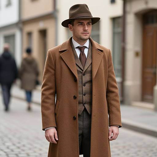 Photograph of a serious-looking man in a brown fedora, brown wool overcoat, and brown checkered suit, standing on a cobblestone