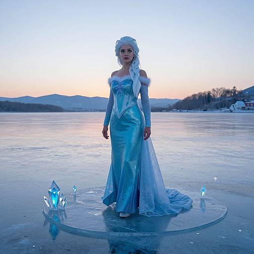 Photograph of a young girl in an icy blue Elsa costume standing on a frozen lake, surrounded by glowing ice crystals at sunset.
